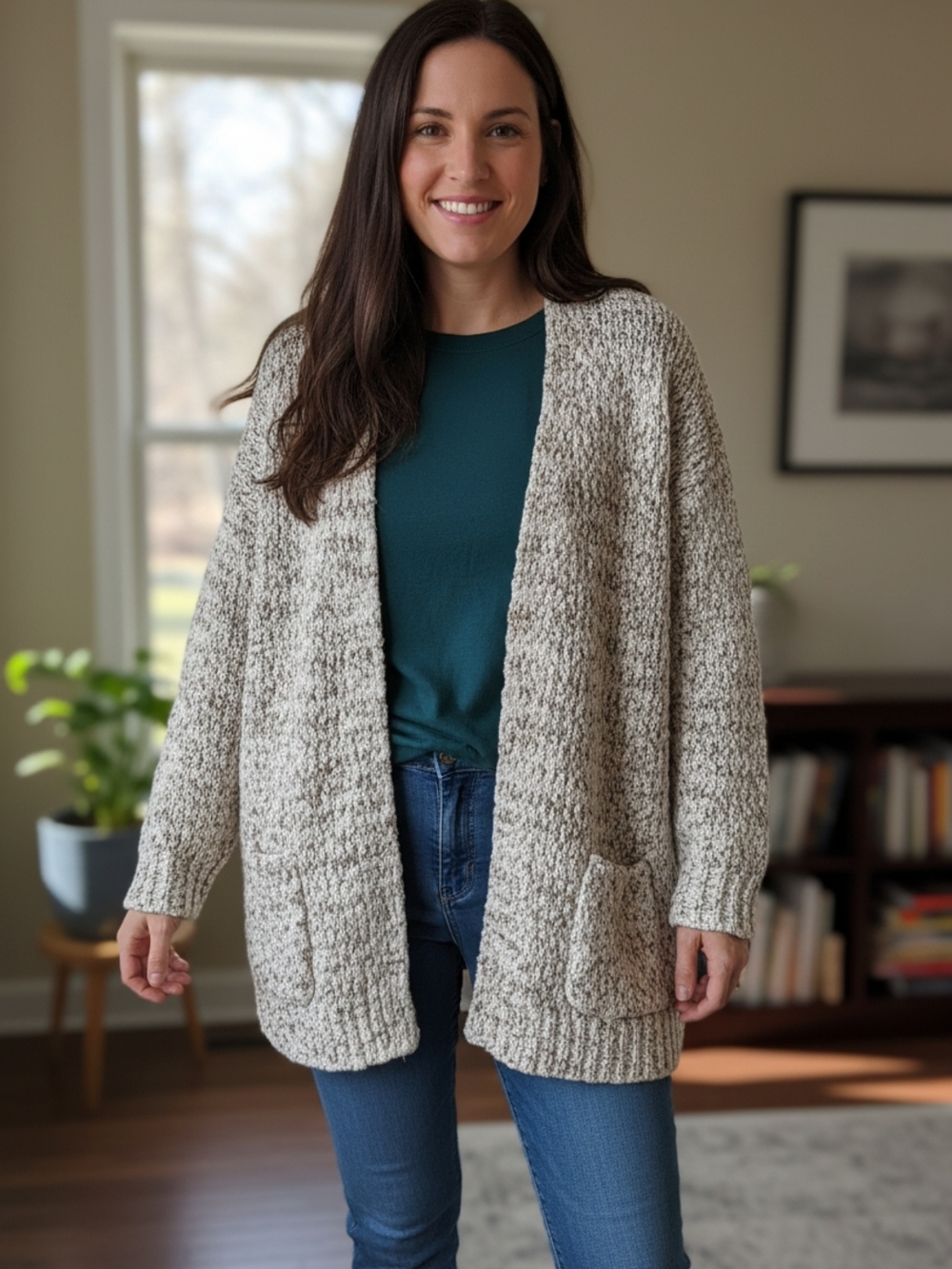 Open-Front Heathered Cream Knit Cardigan with Pockets